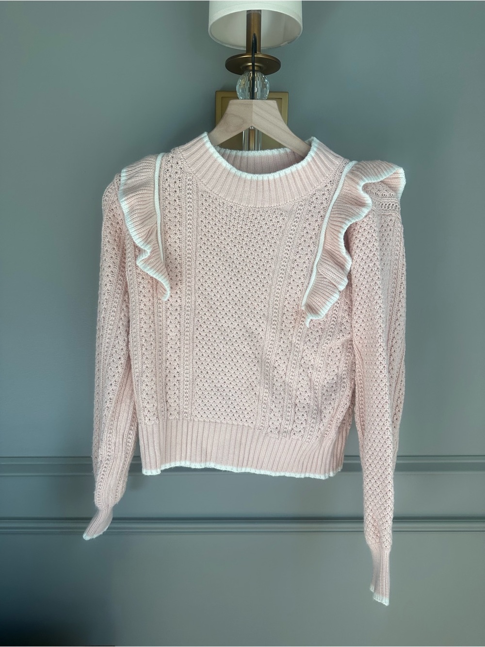 So Me Pink Ruffle Cable Knit Crew Sweater